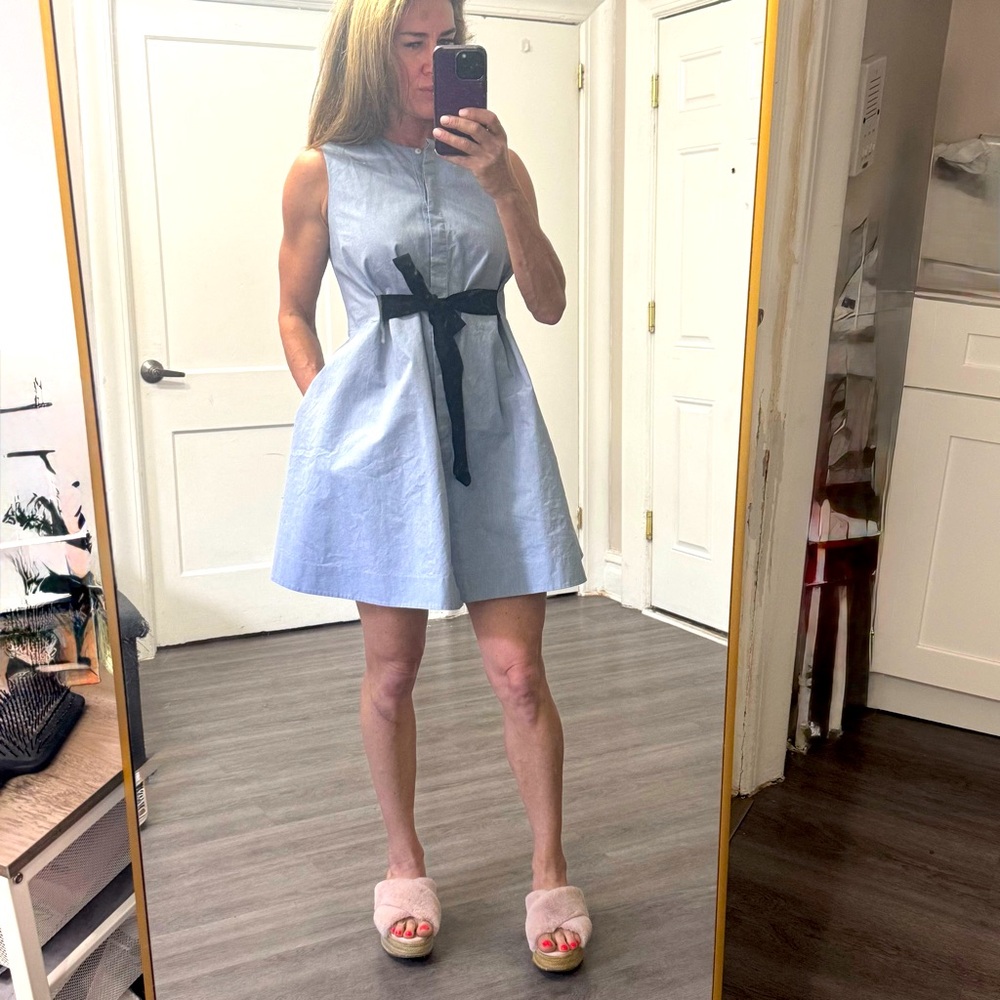 & Other Stories Paris Atelier Blue Shirt Dress with Black Waist Tie – Size US 4